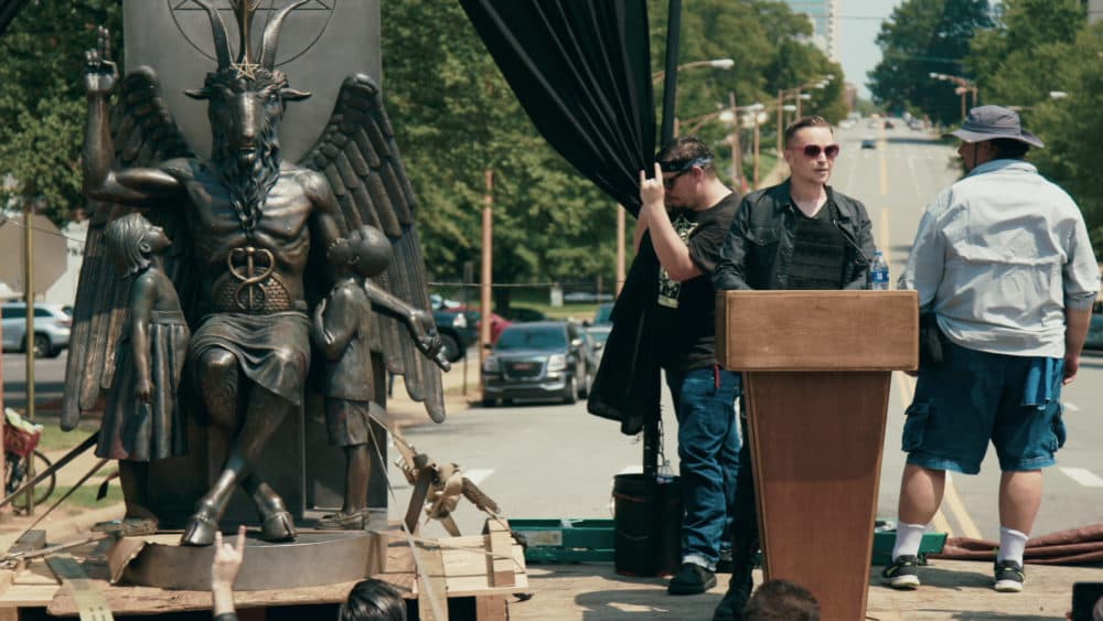 Lucien Greaves delivering a speech in front of the state capitol building in Little Rock, Arkansas, in &quot;Hail Satan?&quot;, a Magnolia Pictures release. (Courtesy Magnolia Pictures)