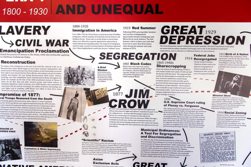 Timeline displaying the history of Redlining as part of the &quot;Undesign the Redline: the Transformation of Race, Place, and Class in America&quot; exhibit at the Boston Architectural College. (Jesse Costa/WBUR)