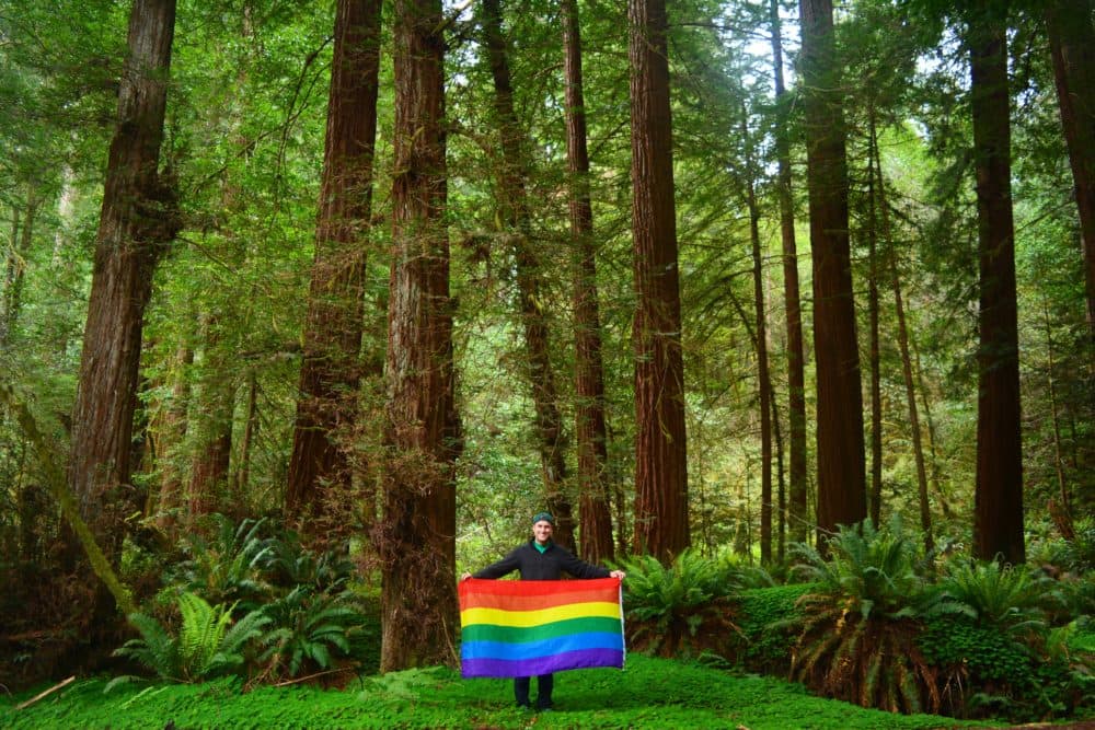 Meyer holds a rainbow flag at Redwood National Park in Northern California. (Courtesy of Mikah Meyer)