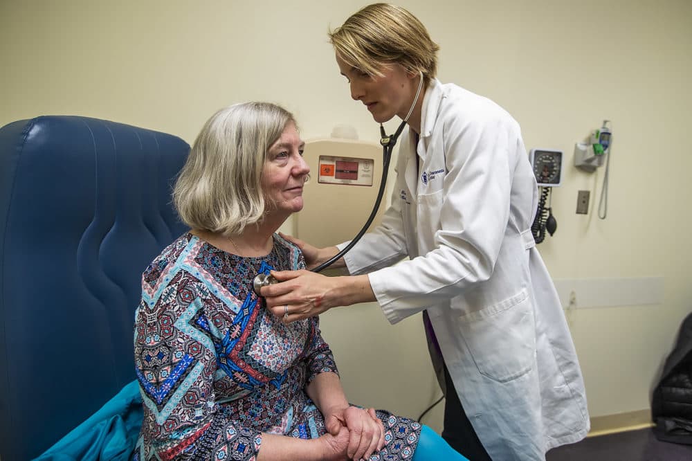 On this day, patient Mary Heafy has come to discuss with Dr. Rice whether she's on the right medications, but also why her eyes and nose are running and her chest is tight for longer periods every year. (Jesse Costa/WBUR)