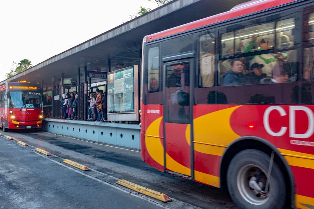 The Mexico City Metrobús system uses dedicated bus lanes, enclosed stations, prepayment, electronic fare collection and an advanced control system. (Keith Dannemiller for WBUR)