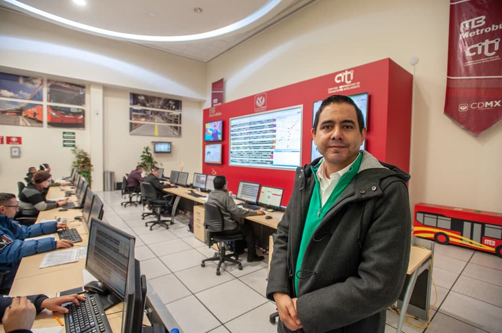 Diego de la Torre manages Metrobús' control center. (Keith Dannemiller for WBUR)