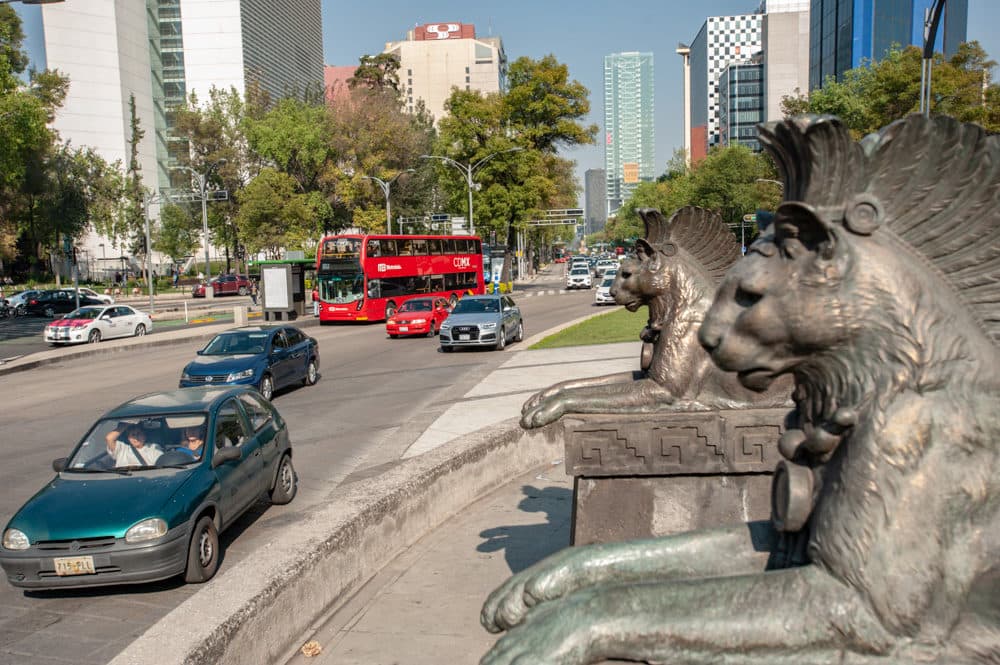 A double-decker Metrobús is seen on Line 7, along Paseo de La Reforma. (Keith Dannemiller for WBUR)