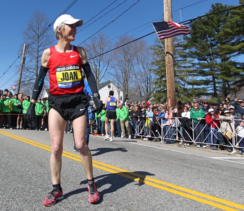 Boston Marathon legend Joan Benoit Samuelson warms up prior to the 2011 race. (Stew Milne/AP)