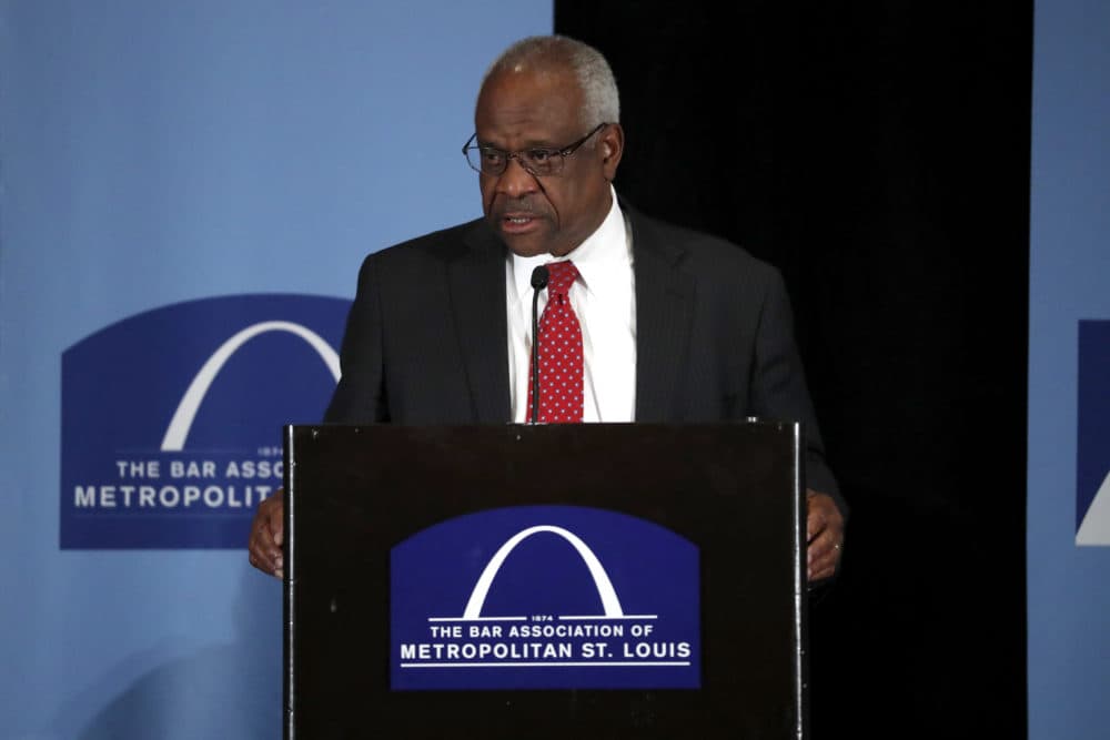 U.S. Supreme Court Justice Clarence Thomas delivers remarks at the Bar Association of Metropolitan St. Louis Friday, May 5, 2017, in St. Louis. (Jeff Roberson/AP)