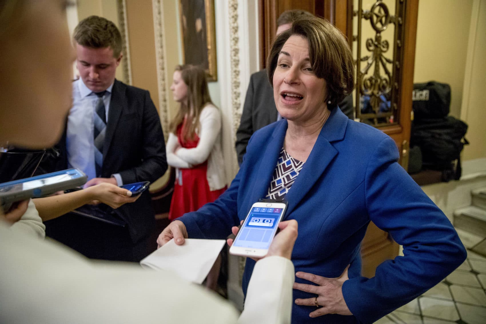 Democratic presidential candidate Sen. Amy Klobuchar, D-Minn., speaks to members of the media on April 9, 2019, in Washington. (Andrew Harnik/AP)