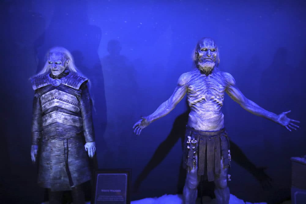White Walkers on display during the launch of The Game of Thrones Touring Exhibition at the Titanic Exhibition centre in Belfast, Northern Ireland, Wednesday, April 10, 2019. (AP)