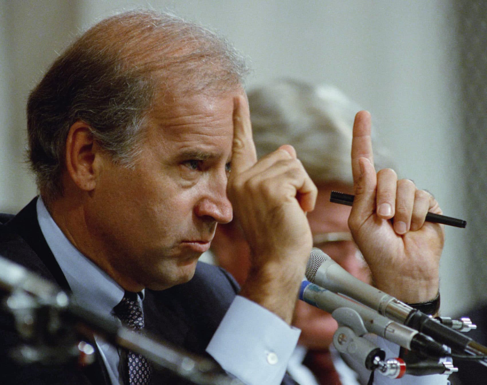 In this 1991 file photo, Senate Judiciary Committee Chairman Joe Biden gestures during hearings on allegations of sexual harassment by Supreme Court nominee Clarence Thomas on Capitol Hill in Washington, Oct. 12, 1991. (Greg Gibson/AP)