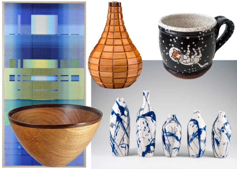 Clockwise from top left: Creations by Tanzer's Fiberworks, Wood Creations by Richard Nolan, Coywolf Studio, K. Allison Ceramics, Eric Reeves. (Courtesy Society of Arts + Crafts)