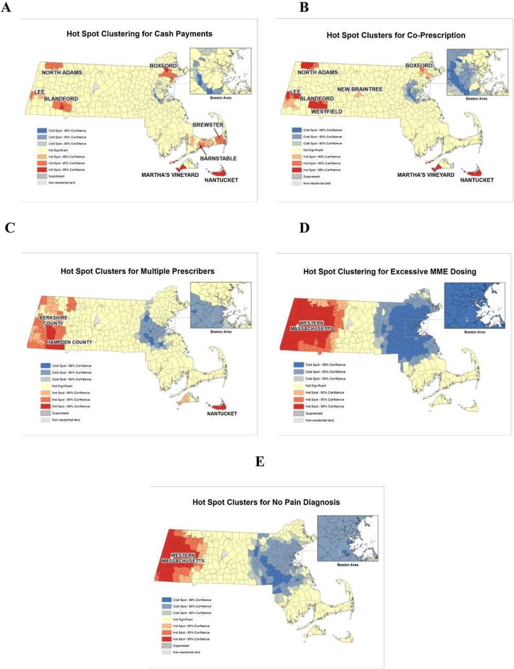 Clustering of potentially inappropriate opioid prescription practices (PIP) in Massachusetts from 2011 to 2015. (Courtesy the International Journal of Drug Policy)
