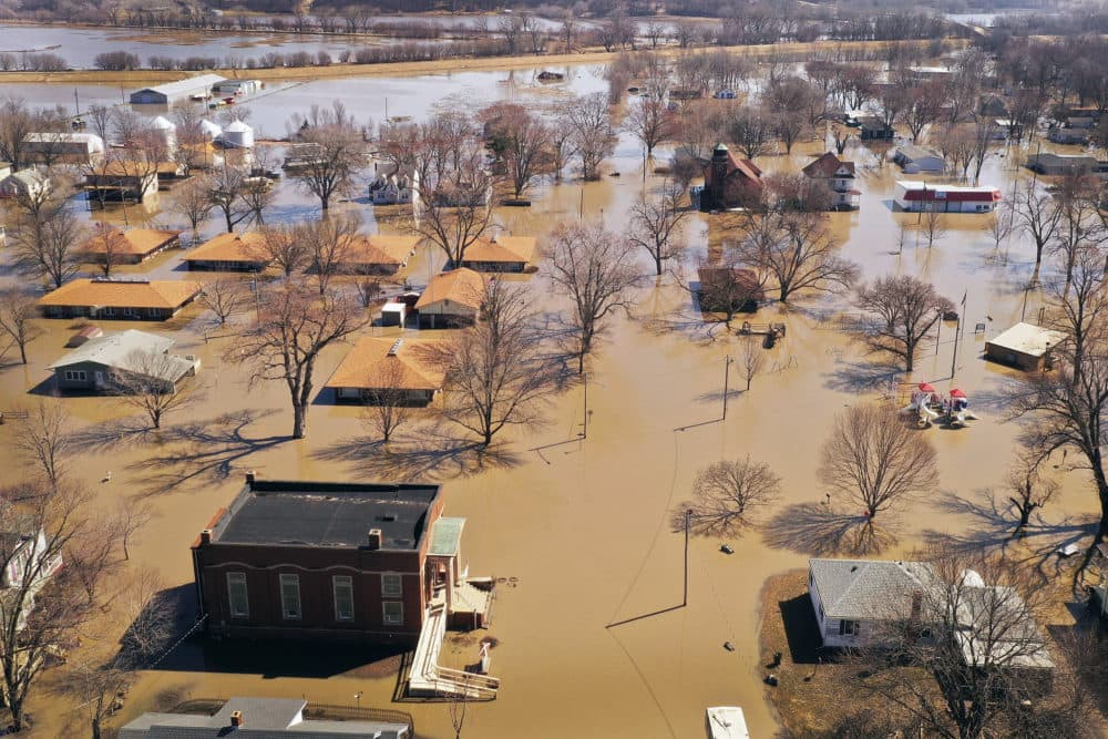 Homes and businesses are surrounded by floodwater on March 20, 2019 in Hamburg, Iowa. (Scott Olson/Getty Images)