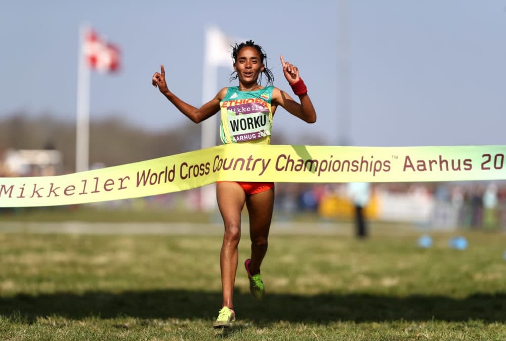 Fantu Worku of Ethiopia crosses the line to win the 4x2k mixed relay during the IAAF World Athletics Country Championships. (Bryn Lennon/Getty Images)