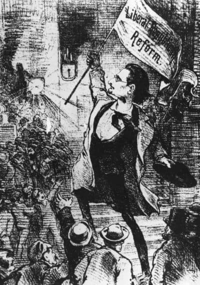 Joseph Pulitzer is shown in a cartoon as the "Leader of Liberal Republicanism" in the St. Louis "Puck" on March 30, 1872. (Hulton Archive/Getty Images)