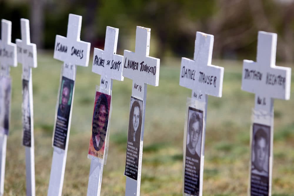 Miniature crosses are displayed to commemorate the 10-year anniversary of the Columbine High School shootings at Clement Park on April 20, 2009, in Littleton, Colo. (Marc Piscotty/Getty Images)
