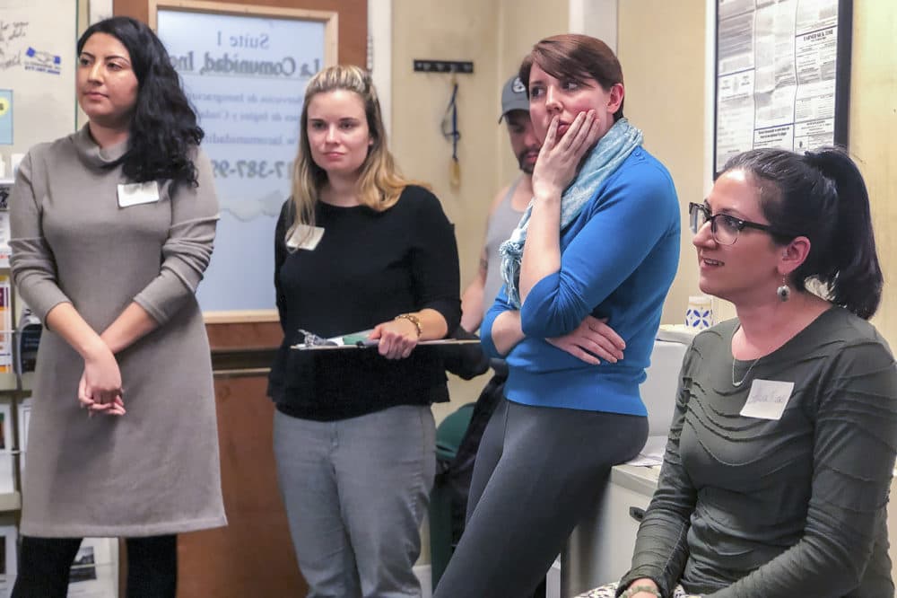 Members of the Everett Education Coalition, from left: Iliana Panameno, Jessica Haralson, Mary-Liz Murray and Alana Russell (Max Larkin/WBUR)