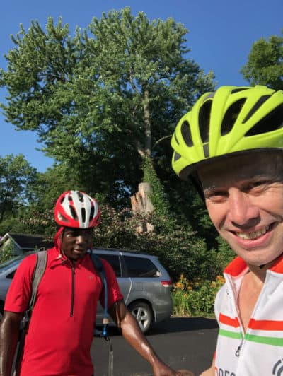 Nick, left, and Pierre Politte after their first tandem bike ride on Jul. 6, 2018. (Courtesy Pierre Politte)