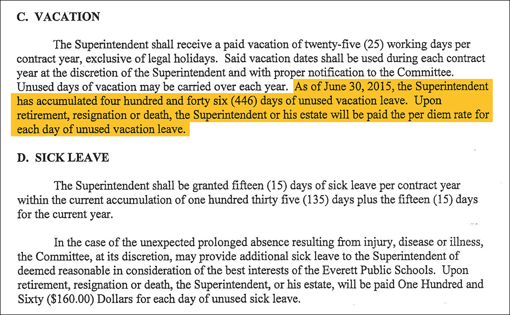 The language in Foresteire's 2015 contract that will allow him to collect $450,000 for unused vacation time