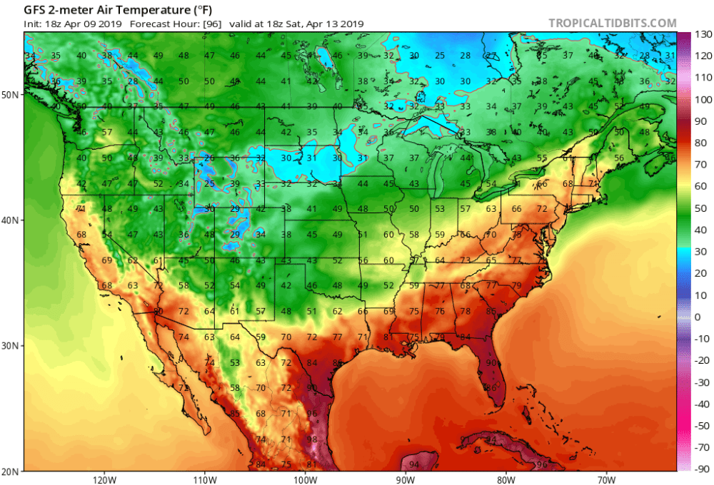Saturday temperatures could reach well into the 70s. (Courtesy Tropical Tidbits)