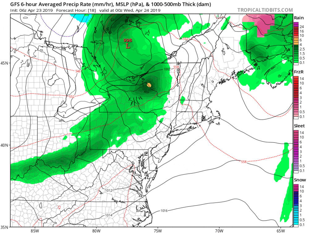 A fast moving area of showers cross New England overnight Tuesday and clears Wednesday. (Courtesy Tropical TIdbits)