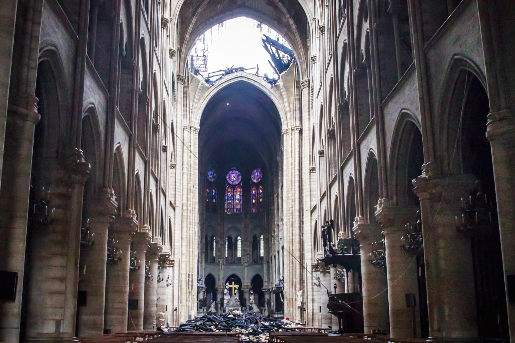 A hole is seen in the dome inside Notre Dame cathedral in Paris, Tuesday, April 16, 2019. (Christophe Petit Tesson, Pool via AP)
