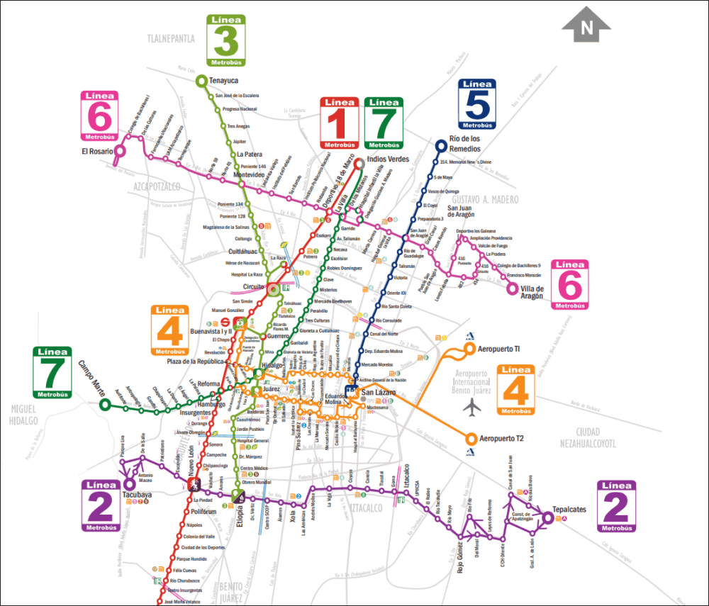 A map of the various Metrobús routes. Route 1 extends south to El Caminero. (Courtesy Metrobús)