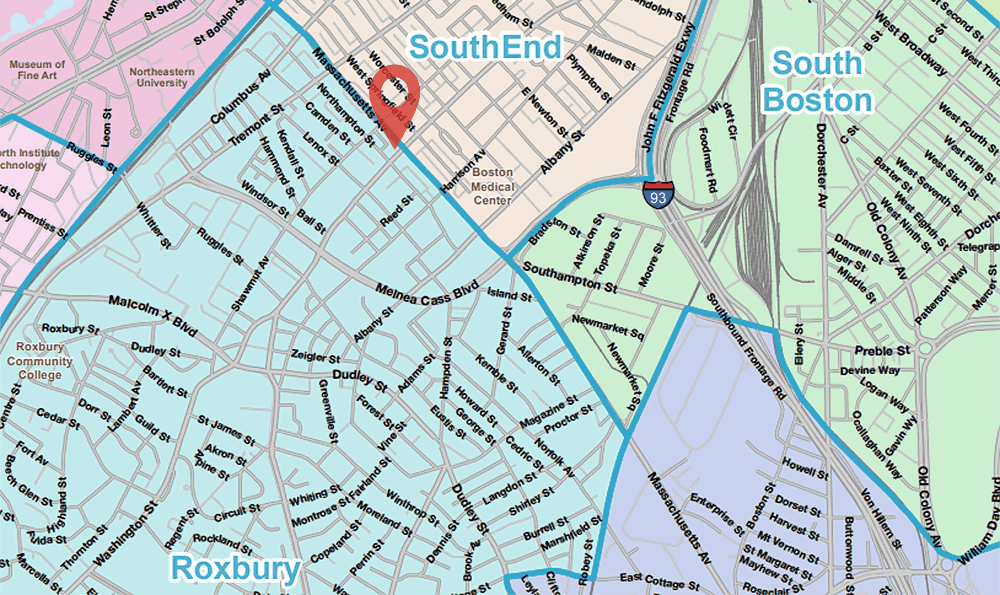 This map from the BPDA shows that Mass. Ave. is the border between Roxbury and the South End. The Hotel Alexandra site -- marked in red -- is on the Roxbury side. (WBUR adaptation of BPDA map)