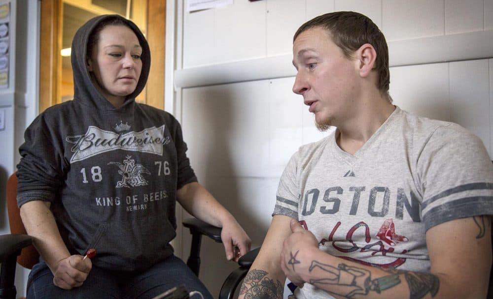 Allyson and Eddie, regular clients at the AAC Needle Exchange and Overdose Prevention Program in Cambridge, say they carry naloxone and try never to use drugs alone in case of an overdose. (Robin Lubbock/WBUR)