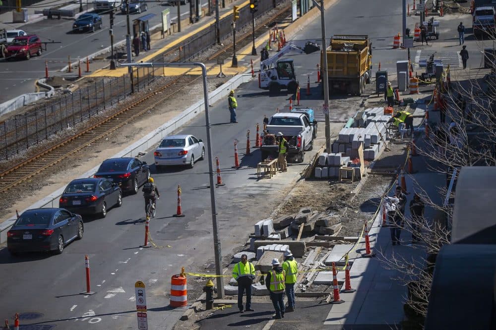 The Commonwealth Avenue reconstruction, seen here in late March, will include a protected bike lane. (Jesse Costa/WBUR)