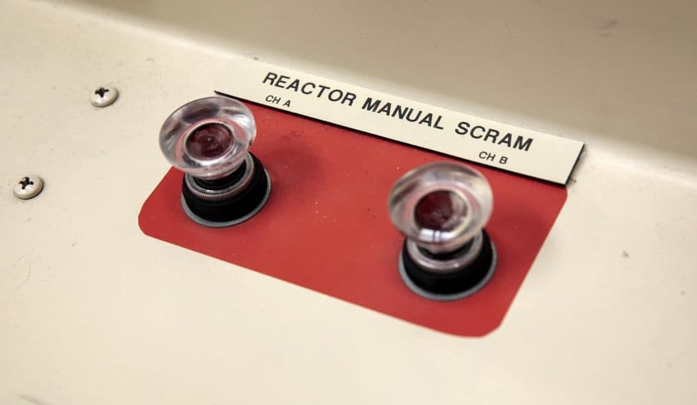 The Reactor Manual Scram -- press these two buttons simultaneously to shut down the reactor. (Robin Lubbock/WBUR)