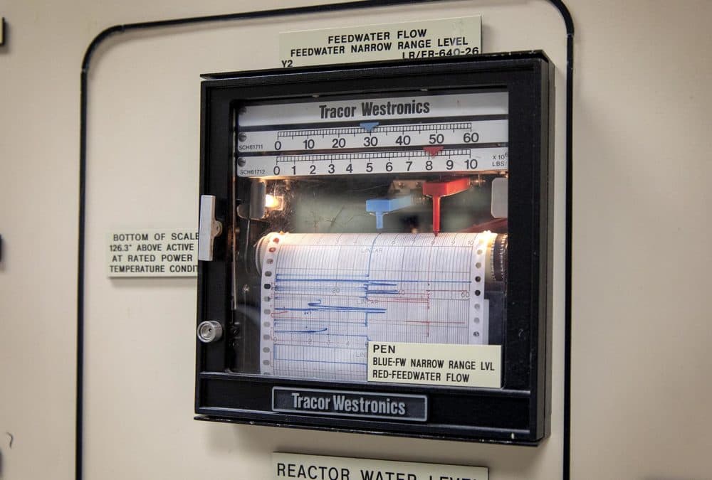 An analog readout at Pilgrim's reactor control room simulator. (Robin Lubbock/WBUR)