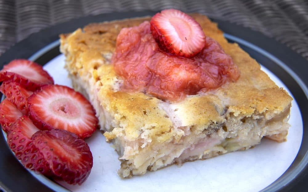 Rhubarb-buttermilk cake, from Chef Kathy Gunst. (Robin Lubbock/WBUR)