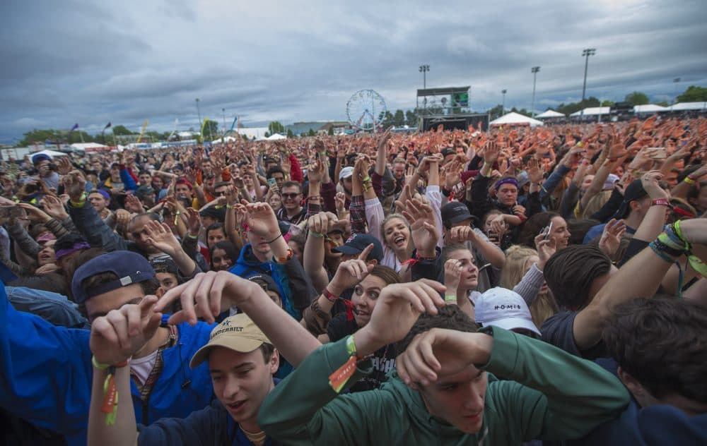 The crowd at Boston Calling all with their hands in the air. (Jesse Costa/WBUR)
