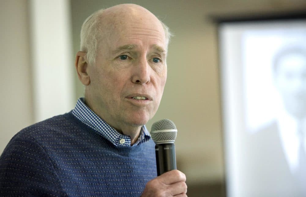 James Muller, a cardiologist and founder of International Physicians for the Prevention of Nuclear War, speaks at a recent inter-generational lunch at Lasell Village in Auburndale. (Robin Lubbock/WBUR)
