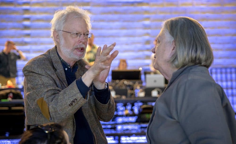 Composer Poul Ruders talks with BLO director Anne Bogart, during a rehearsal a rehearsal for &quot;The Handmaid's Tale.&quot; (Robin Lubbock/WBUR)