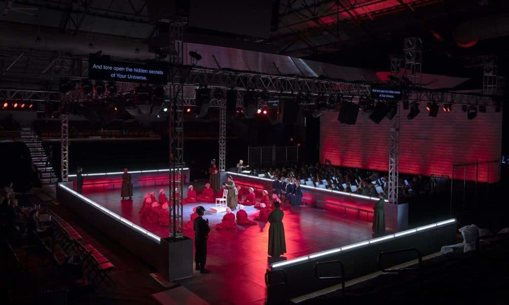 A rehearsal of the BLO's &quot;The Handmaid's Tale&quot; at Harvard's Lavietes Pavilion. (Robin Lubbock/WBUR)