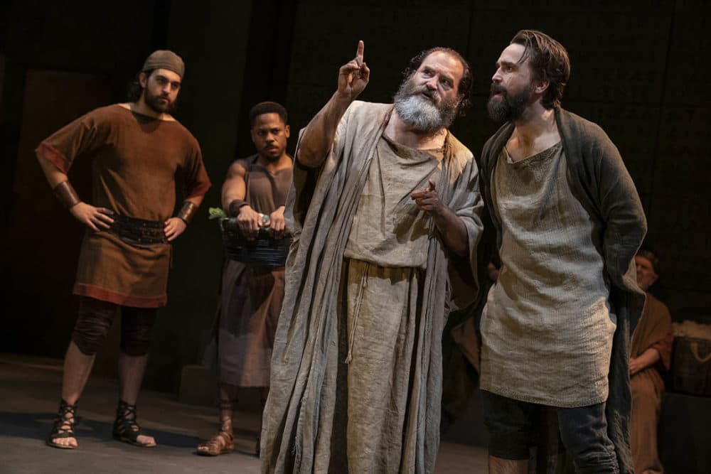Alan Mendez, Ro Boddie, Michael Stuhlbarg and Joe Tapper onstage in the Public Theater production of "Socrates." (Joan Marcus/Courtesy of the production)
