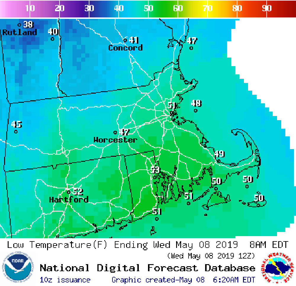 Low temperatures for Wednesday morning are shown. (Courtesy NOAA)