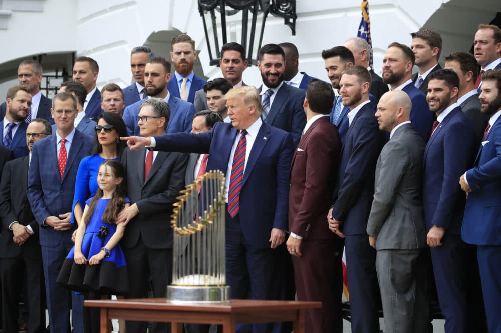 President Trump, center, joins the Boston Red Sox for a group picture during a ceremony honoring the 2018 World Series baseball champions. (Manuel Balce Ceneta/AP)