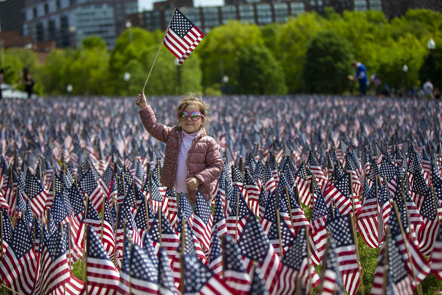 Three-and-a-half-year-old Veronica Ianivska holds up an American flag as her mother takes a picture of her in the sea of flags in Boston Common during the Massachusetts Military Heroes flag planting event Wednesday. (Jesse Costa/WBUR)