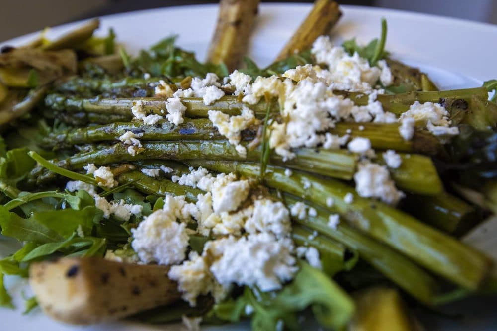 Grilled asparagus and leek salad with feta and lemon-chive vinaigrette. (Jesse Costa/WBUR)