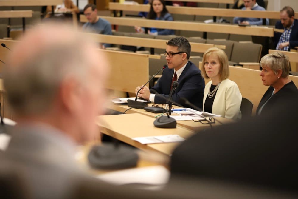 A panel from the Massachusetts Gaming Commission -- Associate Counsel Justin Stempeck, Commissioner Cathy Judd-Stein and Commissioner Gayle Cameron -- testified before lawmakers Tuesday, leading off a hearing on sports betting proposals in the Bay State. (Sam Doran/SHNS)