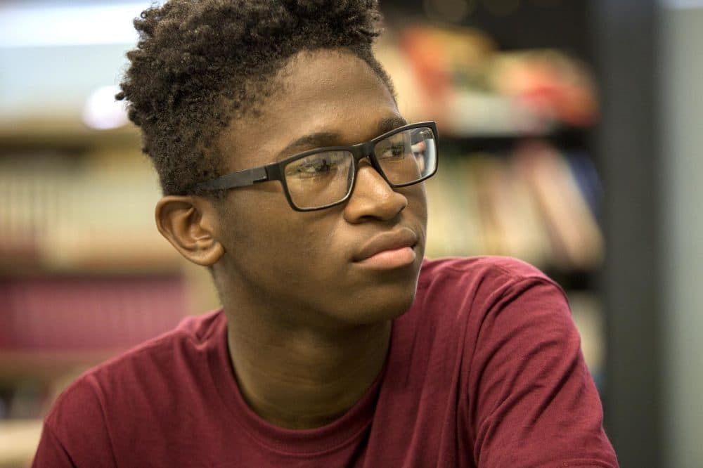 Seventh grader Azaan Rodriguez at the Helen Y. Davis Leadership Academy Charter Public School in Dorchester. (Robin Lubbock/WBUR)