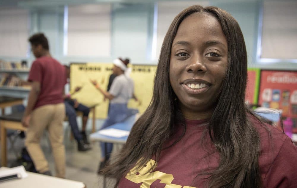 Marvelyne Lamy, a seventh-grade language arts teacher at the Helen Y. Davis Leadership Academy Charter Public School. (Robin Lubbock/WBUR)