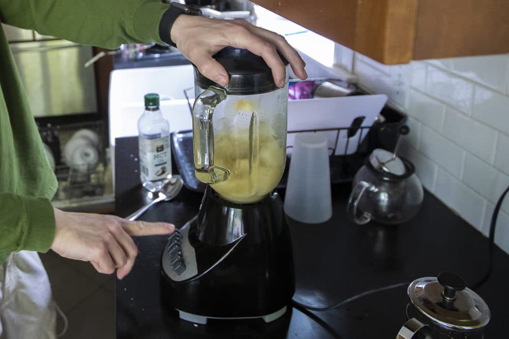 Dan prepares Guayakí Yerba Mate tea. (Jesse Costa/WBUR)