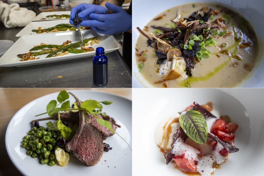 Clockwise, from left: Asparagus, caramelized onion potato soup with mushrooms, lamb chops and mixed berries with caramel drizzle were served at a cannabis-infused dinner party, the creations of chef David Ferragamo. (Jesse Costa/WBUR)