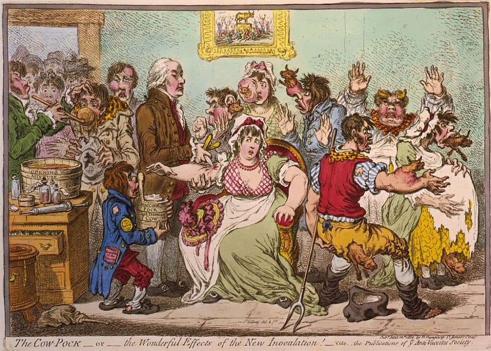 An 1802 cartoon that captures reaction to Edward Jenner's new smallpox vaccine.