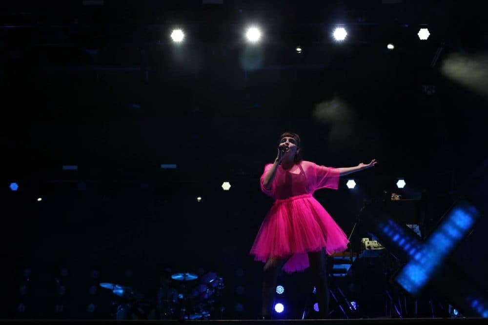 CHVRCHES performs on Friday night at Boston Calling. (Hadley Green for WBUR)