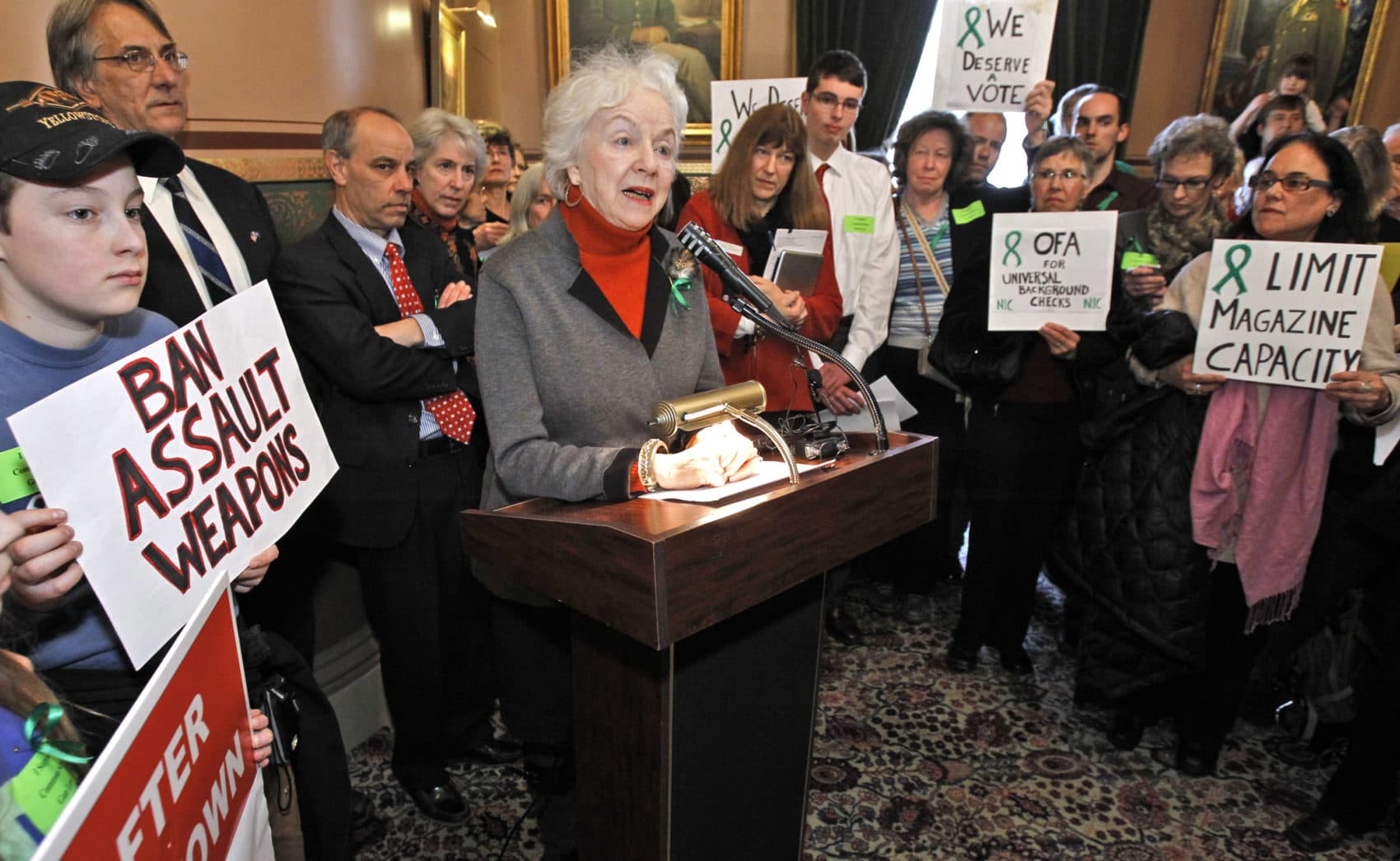 Former Gov. Madeleine Kunin, center, speaks to supporters of anti-gun legislation hold a news conference on March 13, 2013 in Montpelier, Vt. (Toby Talbot/AP)