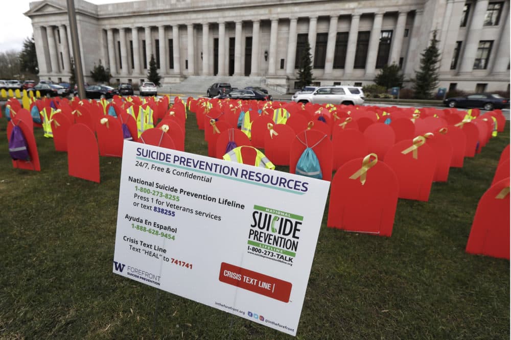 Suicide prevention phone numbers and red mock tombstones designating some of the more than 1,000 people who took their lives by suicide in Washington state in 2017 are displayed on a grassy area near the Temple of Justice, Tuesday, March 12, 2019, at the Capitol in Olympia, Wash. (Ted S. Warren/AP)
