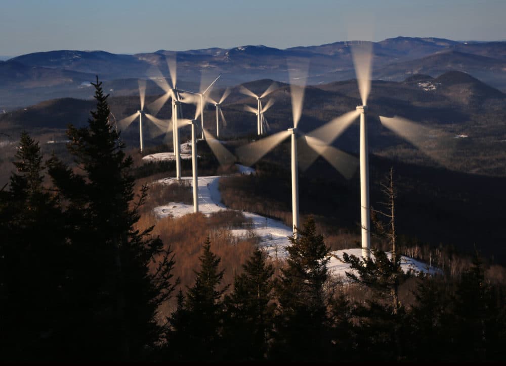 In this Tuesday, March 19, 2019 photo, the blades of wind turbines catch the breeze at the Saddleback Ridge wind farm in Carthage, Maine. (Robert F. Bukaty/AP)